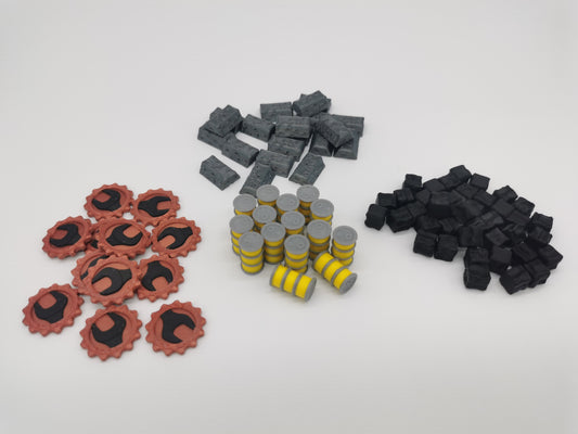 Modernisierungsmarker und Ressourcen-Token: Ölfass, Kohle, Eisen