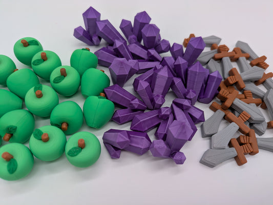 Premium Ressourcen-Token: Äpfel, Kristalle, Schwerter, Verträge