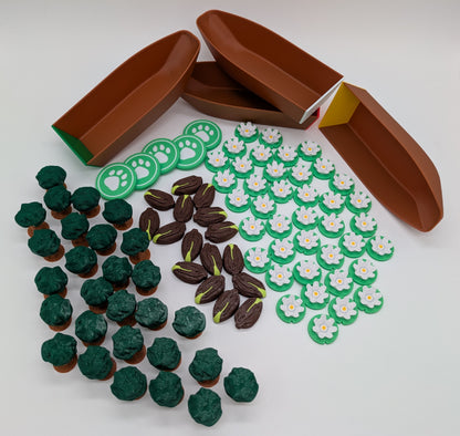 Pfotenmarker, Boote und Ressourcen-Token: Bäume, Wasserpflanzen, Samen