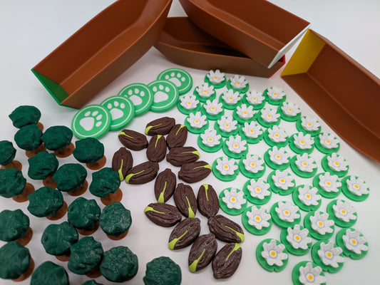 Pfotenmarker, Boote und Ressourcen-Token: Bäume, Wasserpflanzen, Samen